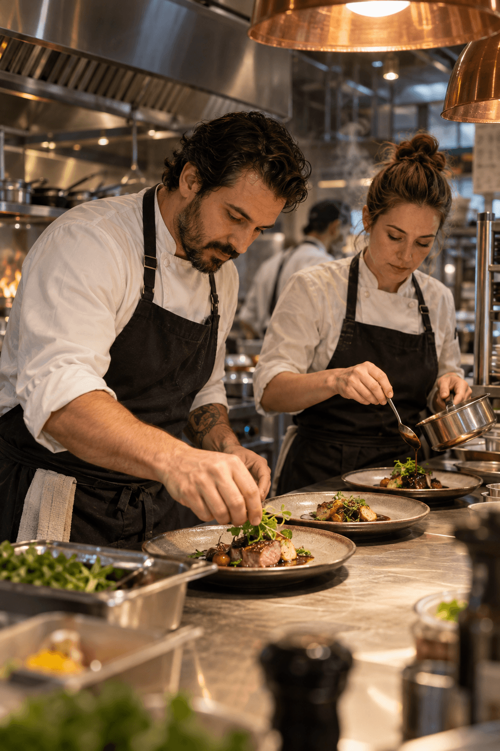 Chefs preparing meals in a restaurant